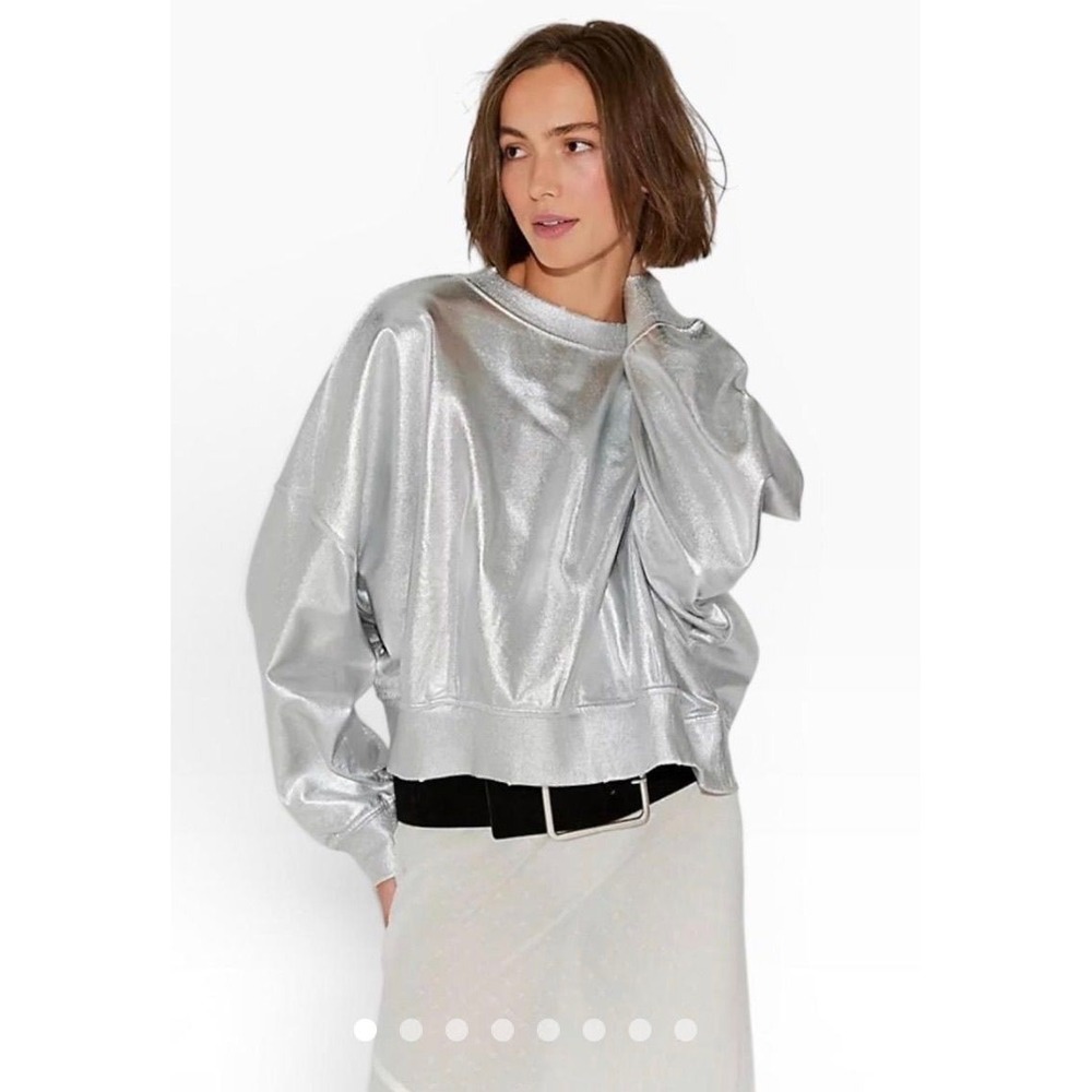 NWT Free People SOLD OUT Gaia Metallic Silver Foil Coated Oversized Sweatshirt